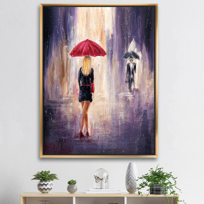 «Lady with Red Umbrella Walking in the Rain», reproduction d'art sur toile