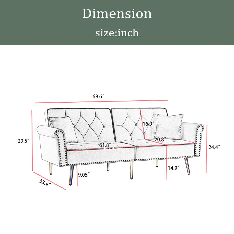 Canapé en velours capitonné avec 2 coussins et garniture cloutée, Beige