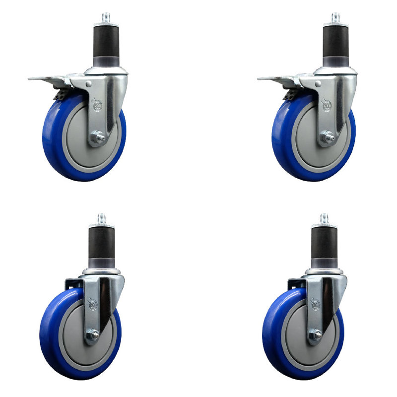 5 Inch Blue Poly Swivel 1-5/8 Inch Expanding Stem Caster Set 2 Total Lock Brakes, Black