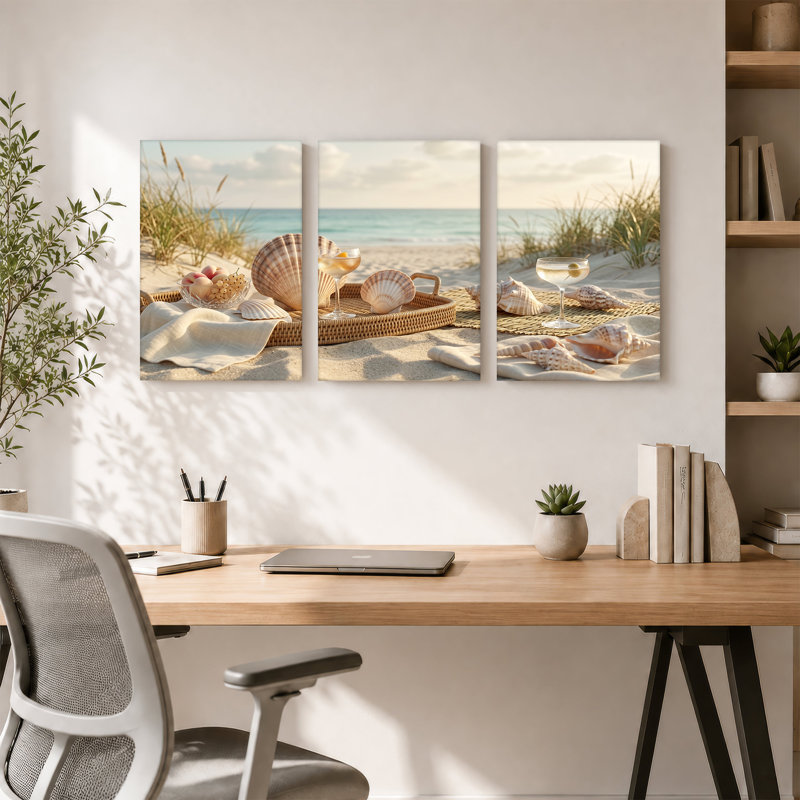 Ensemble de 3 toiles de coquillages et de cocktails sur la plage de sable, 24"H x 16"W x 3pcs