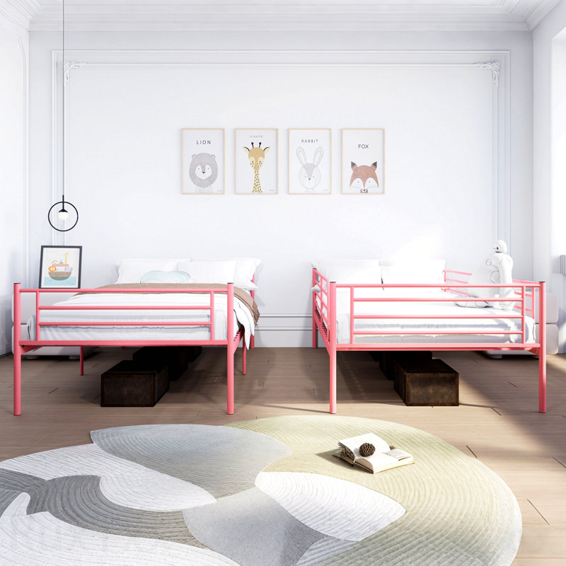 Lit superposé avec échelle et garde-corps haut, capable de se diviser, lit superposé en métal, espace de rangement, silencieux, taille simple sur simple, rose