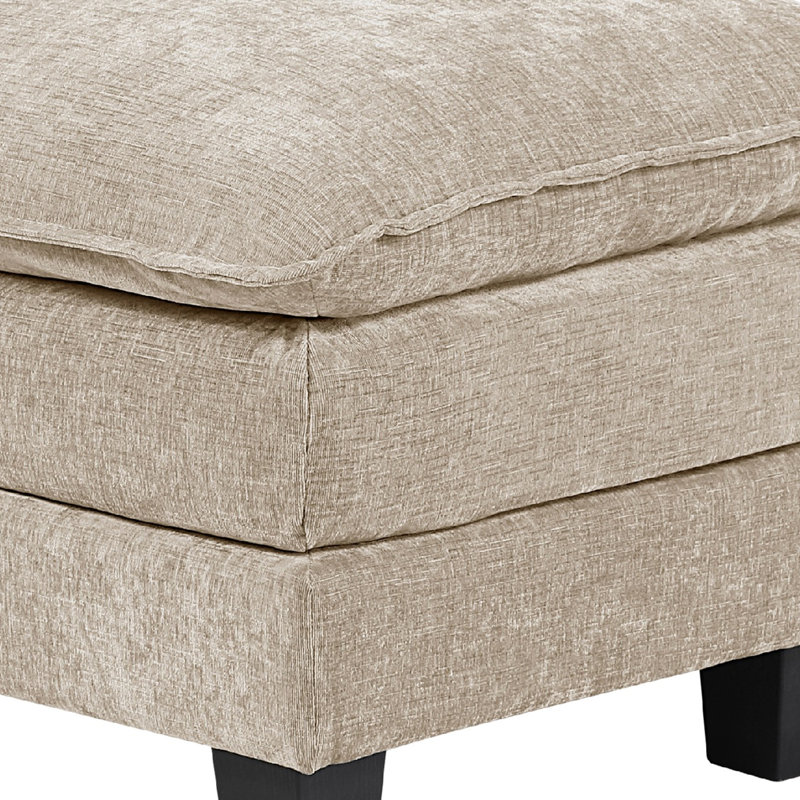 Duby Ottoman, 34 Inch Seat, Black Faux Wood Legs, Taupe Gray Chenille, Beige