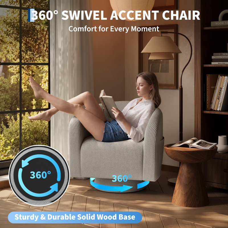 Fauteuil d'appoint pivotant moderne, fauteuil avec accoudoirs rembourrés à 360 ° - dossier arrondi et accoudoirs courbés - base en bois d'ingénierie pour le salon / la chambre à coucher