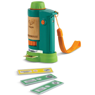 Hape: Nature Fun - microscope de terrain - lumière DEL, lunette de poche en bambou, zoom x 60-120, glissières de cellules végétales, jouet de découverte de la nature et d'apprentissage, enfants de 4 ans et plus