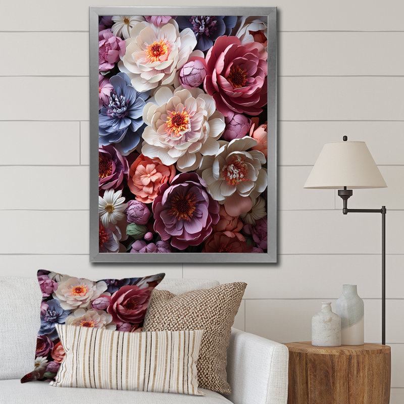 Trione, art asiatique, pivoines en rose III sur toile, H 44 po x l 34 po x P 1,5 po, Cadre photo argenté
