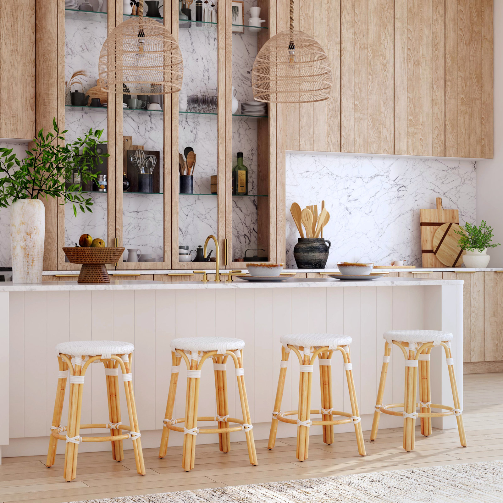 Alastair 30" Bar Stool, Counter Stool (24" Seat Height), Glossy White/Natural Rattan Frame