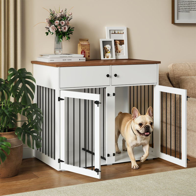 41" Modern Wooden Dog Crate Furniture with Storage Drawers, Stylish Indoor Pet House & End Table
