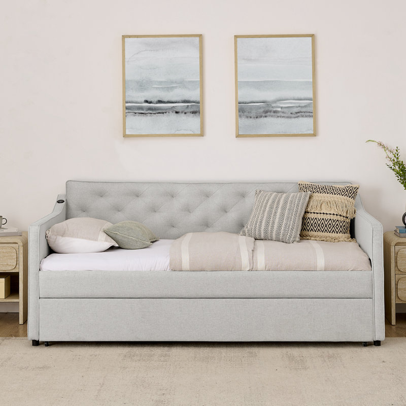 Twin Size Upholstery DayBed with Twin Size Pop-up Trundle and USB Charging, Beige
