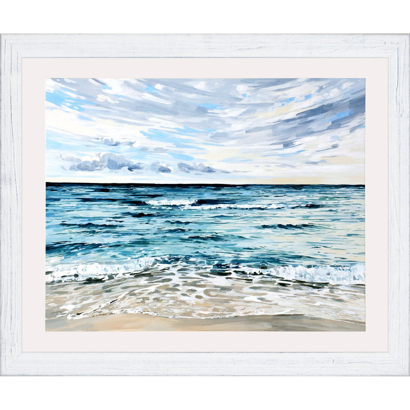 Whispy Clouds Coastal Oil Painting Print with Silver Frame