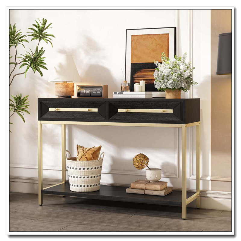 Console avec deux tiroirs, table de couloir rétro au design géométrique saisissant pour le vestibule et le salon, Noir