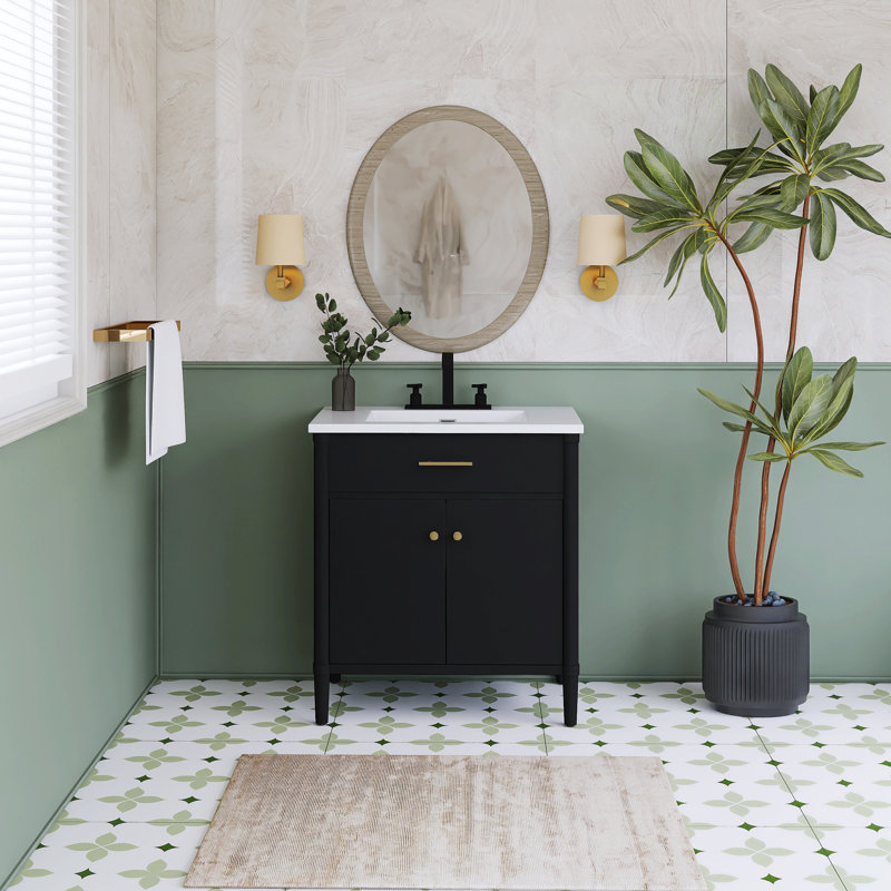 Meuble-lavabo autoportant 31 po avec comptoir en céramique 31 po, Noir / or mat