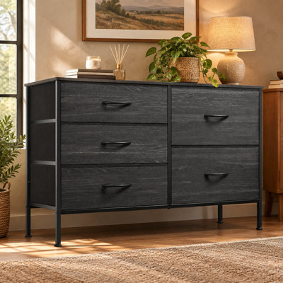 Black Wide 5-Drawer Fabric Dresser Chest with Steel Frame for Modern Storage in the Bedroom, Living Room, Home or Closet