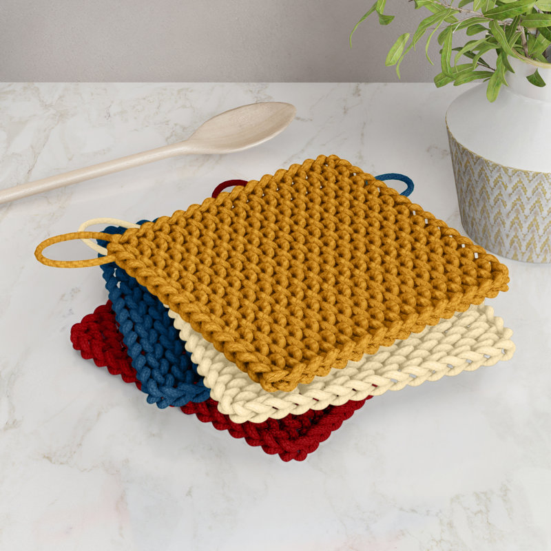 4-Piece Cotton Crocheted Potholders, Red/Blue/Cream/Mustard