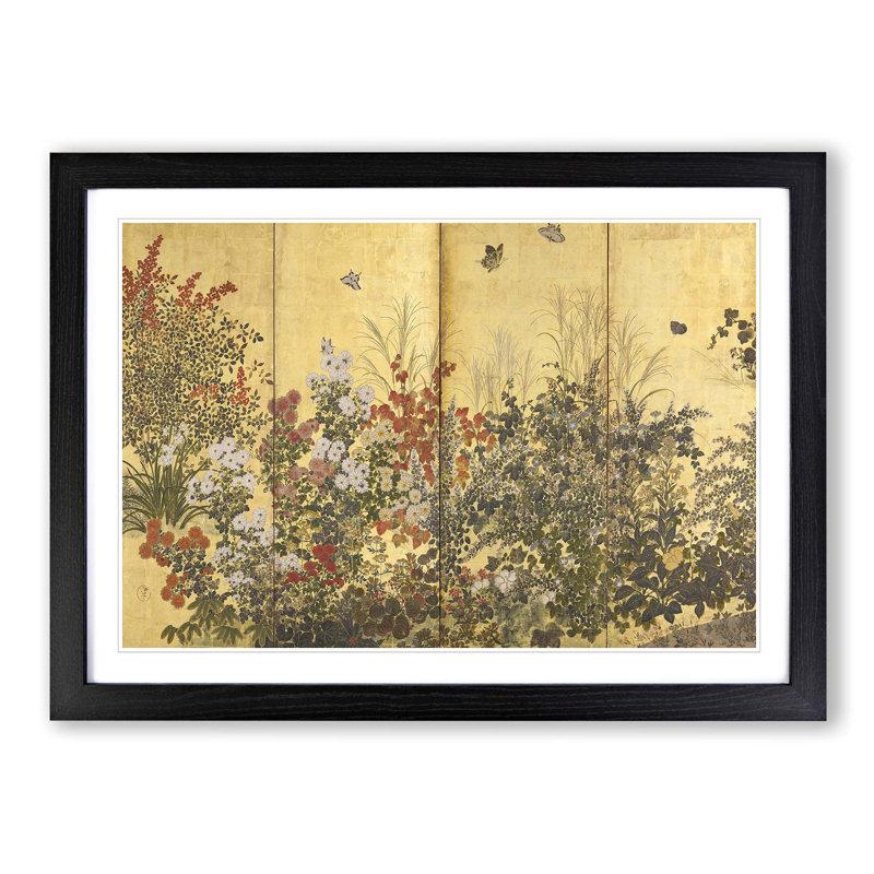 Butterflies & the Flowers by Tawaraya Sotatsu - Picture Frame Art Print, Black Framed, 48cm H x 65cm W x 2cm D