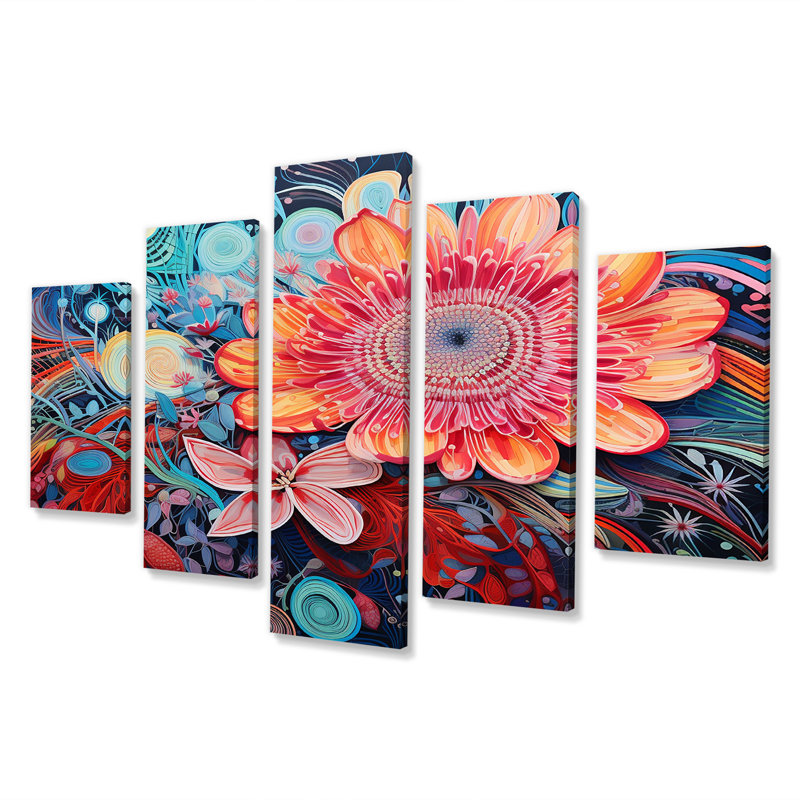 «Red Blossoming Daisy Cosmic Blue» - ensemble d'art mural marguerite 5 pièces