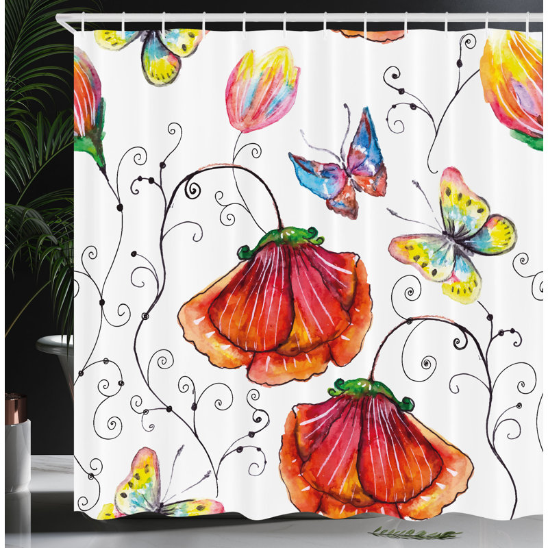 Watercolor Floral and Butterfly Polyester Shower Curtain, 69" W x 70" L, Multicolor