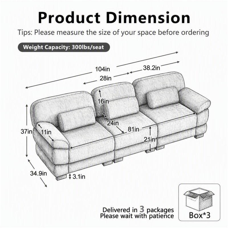 Canapé surdimensionné 3 places Cloud Couch, canapé modulaire moderne et minimaliste, coussins de siège épais et confortables, tissu en velours côtelé respirant, bleu pour le salon