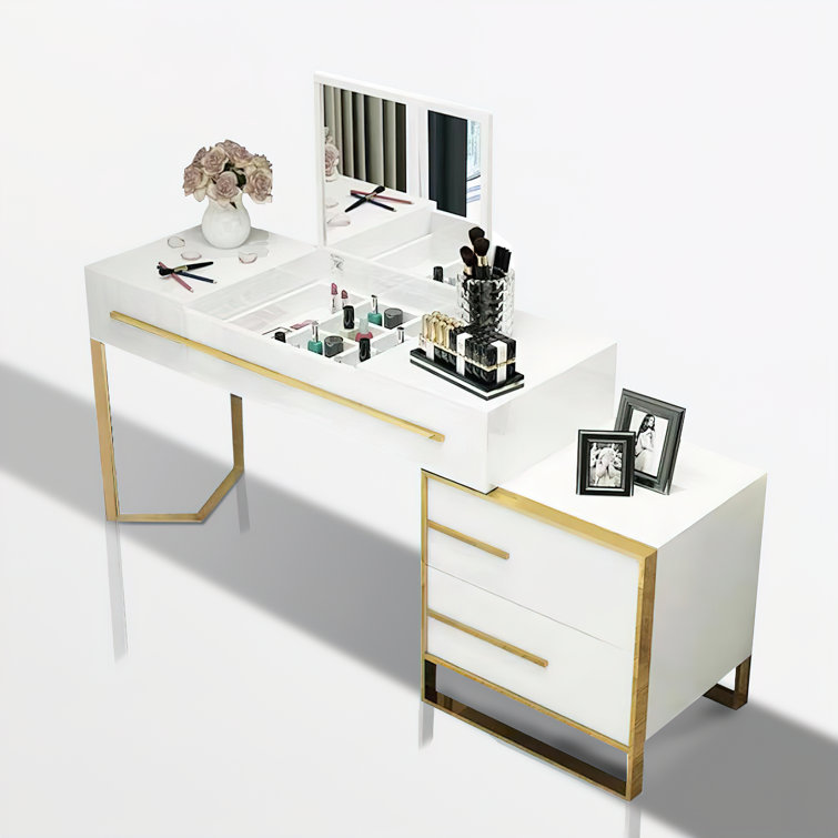 White Makeup Vanity with Storage & Flip Top Mirror 4 Drawers & Golden Base