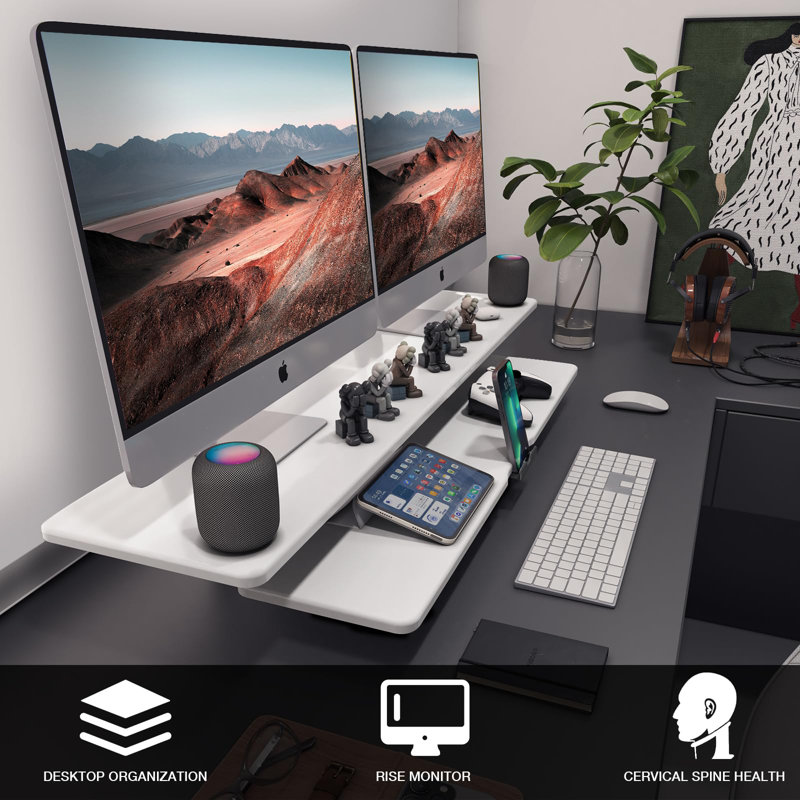 White Dual Monitor Stand with Storage and Cable Management