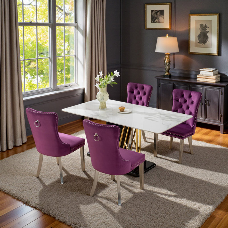 Tufted Velvet Wing Back Side Dining Chairs, Imperial Purple, Brushed Nickel