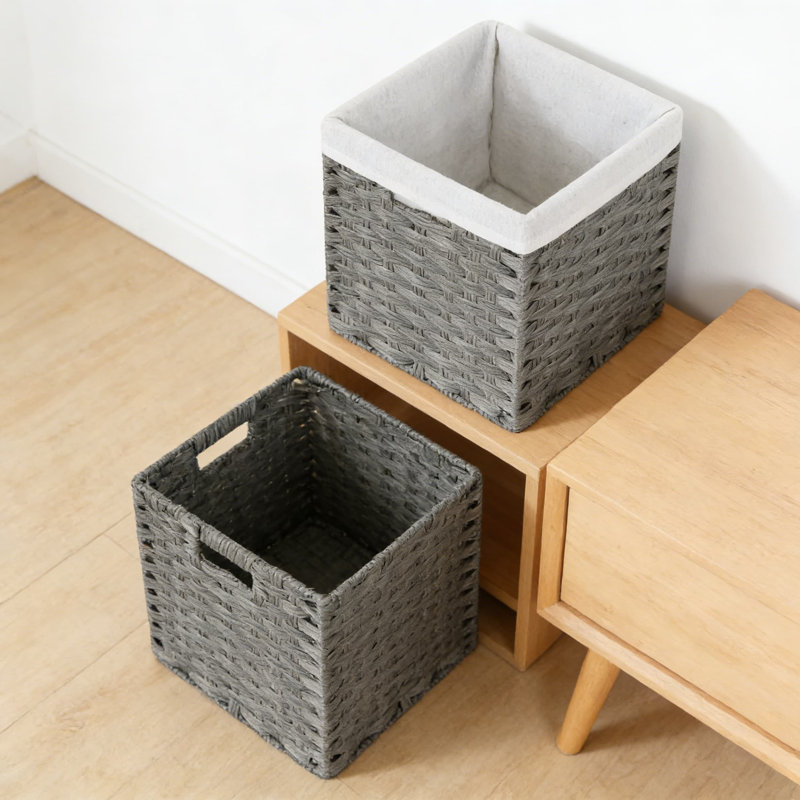 Wicker Storage Baskets With Removable Liners - Waterproof Foldable Cube Organizer Bins For Shelves, Closet, Pantry, And Home Decor