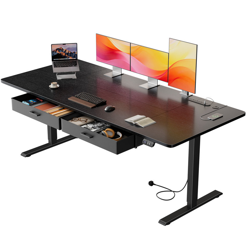 Adjustable Metal Base Standing Desk with Power Outlet, Black/Black, 140cm W x 80cm D