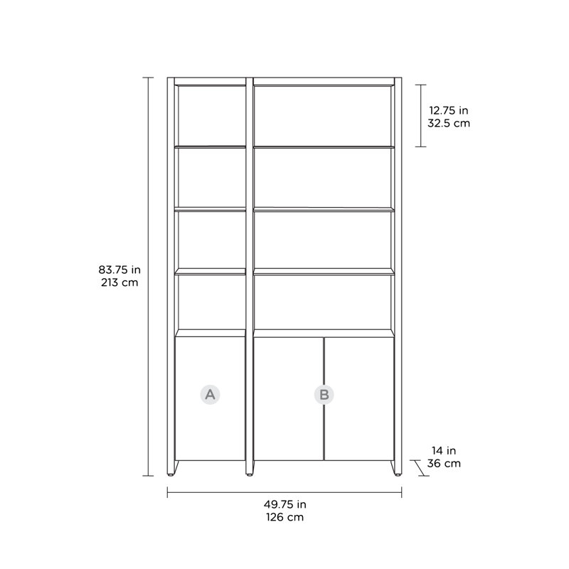 Linea 84'' H x 65'' W Standard Bookcase, Charcoal Stained Ash, 2, 83.75" H x 65" W x 14" D