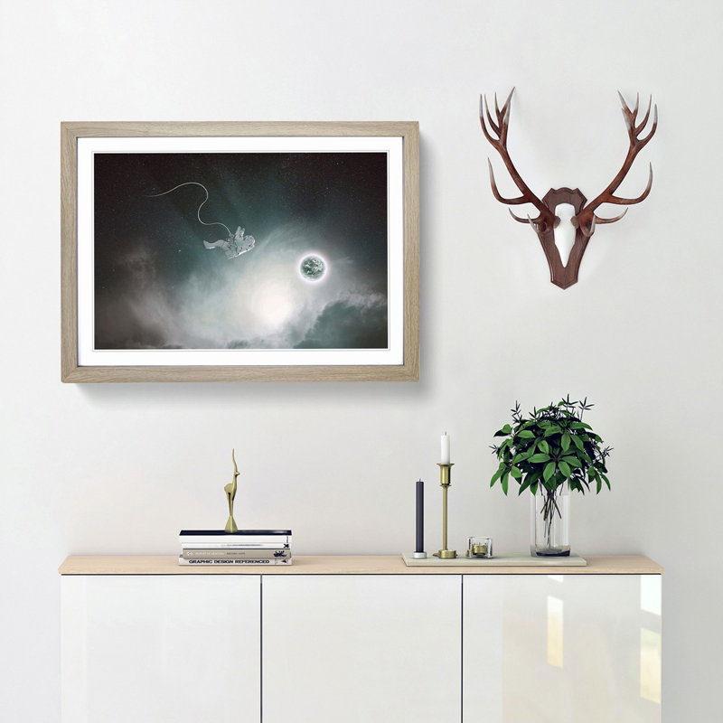 Lone Astronaut in Outer Space in Abstract - Picture Frame Graphic Art Print, Oak, 35cm H x 50cm W x 2cm D