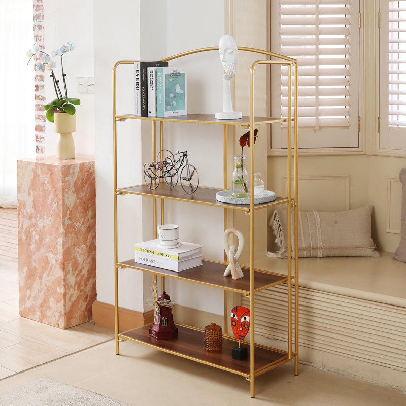 Lejon No Assembly Folding Etagere Bookcase, (4 Shelves) 53.2" H x 30.9" W x 12.6" D, Gold