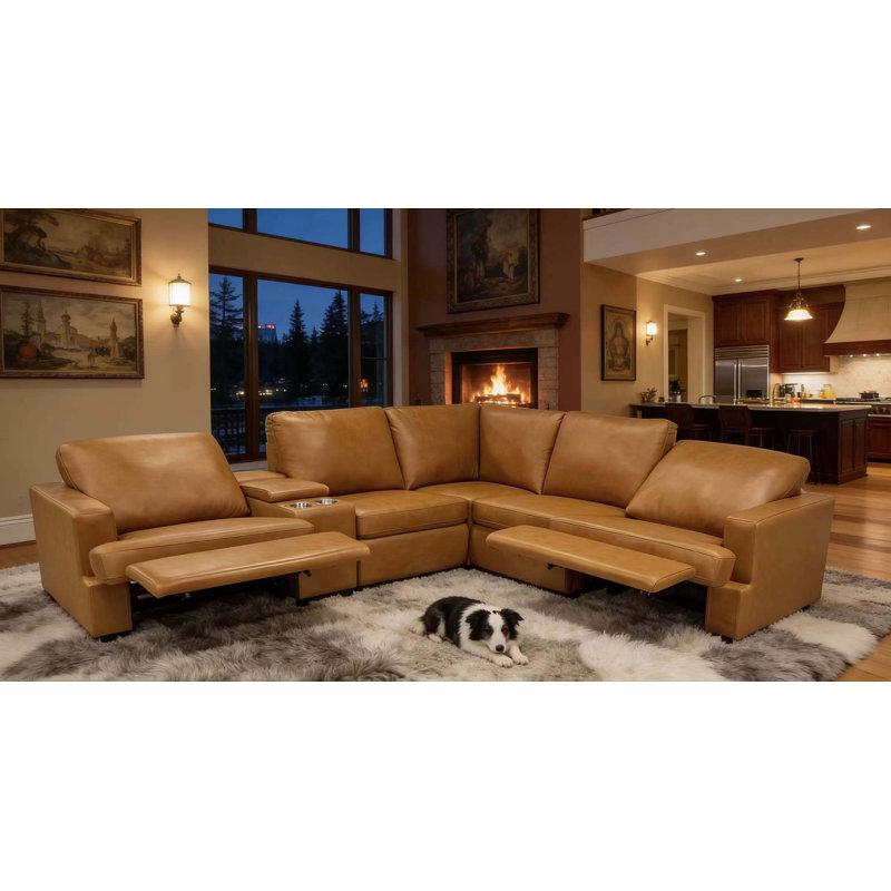 Nchevyshill Leather Match Power Recline Sectional, Ginger Leather Match