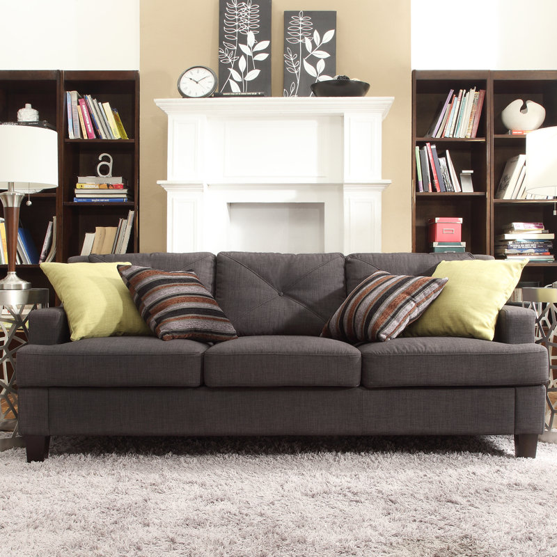 Alechandre 78.34" Leather Match Square Arm Sofa, Charcoal Dark Grey 