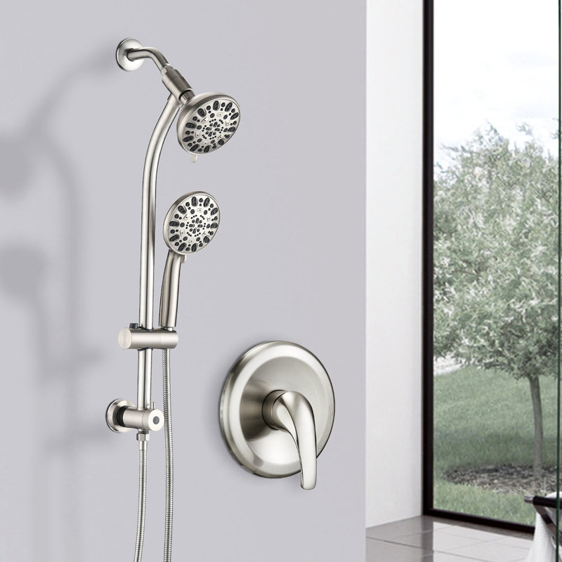 Double pomme de douche en nickel brossé avec perceuse - Barre coulissante en acier inoxydable et fonction de massage à impulsion à tige de spa murale 7 têtes pour plus de confort