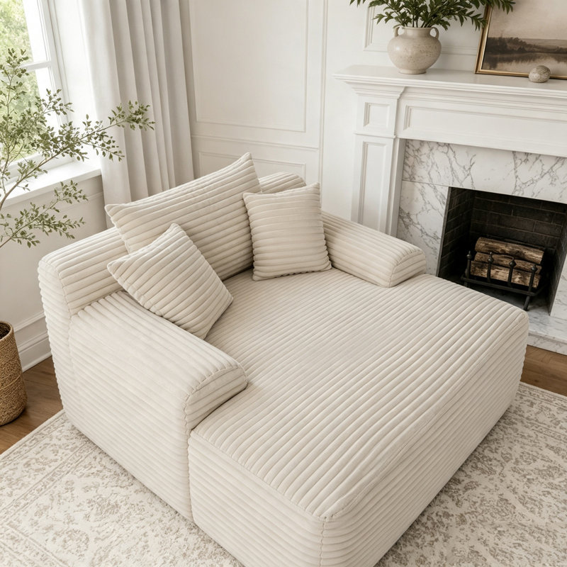 Chaise longue convertible sans assemblage avec accoudoirs larges, coussins et velours côtelé moelleux, Tissu blanc