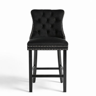 Ensemble de 2 tabourets de bar rembourrés en velours avec capitonnage à boutons, garniture cloutée et pieds en bois massif, chaises de bar de style Mid-Century pour îlots de cuisine, bars résidentiels et salles à manger