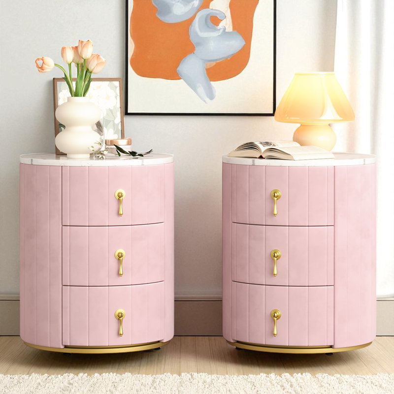 Table de chevet rembourrée à 3 tiroirs, Ensemble de 2, Rose