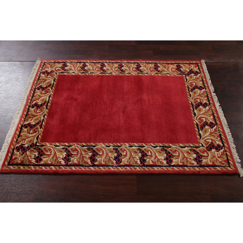 Tapis oriental népalais à bordure rectangulaire noué à la main 4 pi x 5 po Népal