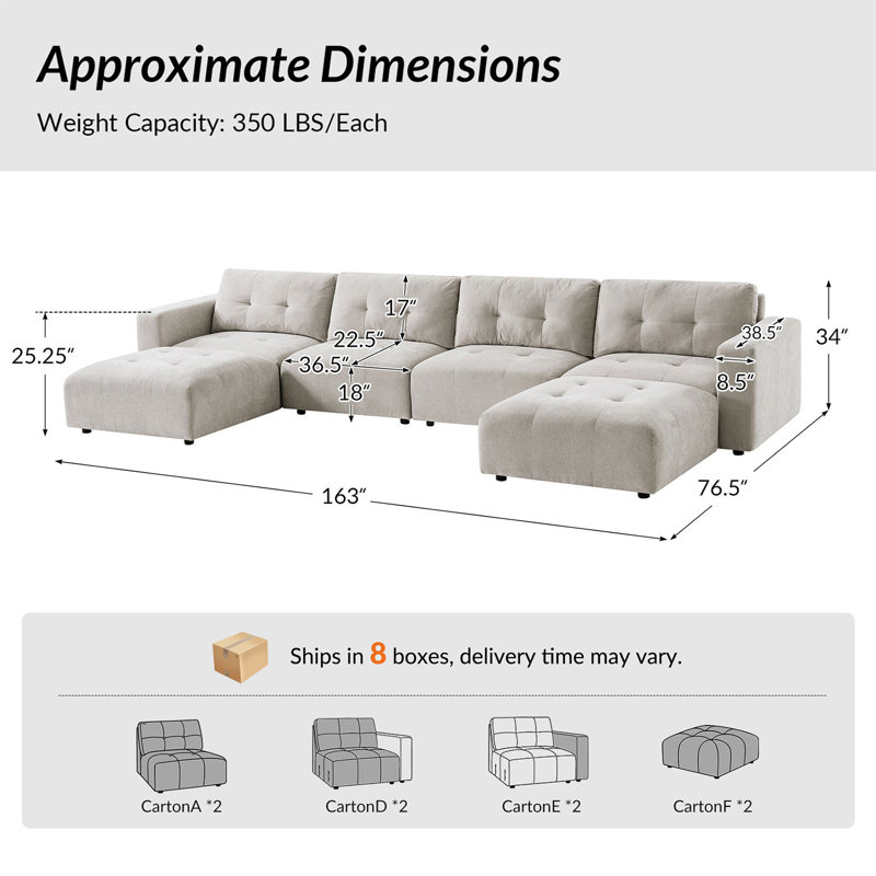 Esme 163" Modern Oversized Modular Sectional Sofa with Chenille Fabric and Memory Foam Cushions, Dove