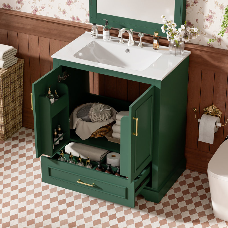 30" Freestanding Bathroom Vanity with Sink - MDF & Solid Wood Frame, 1 Divider Drawer & 2 Soft-Close Doors with Double Shelf