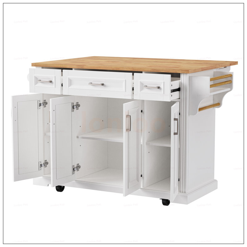 Large Kitchen Island With Drop Leaf, Rolling Cart On Wheels, 4 Doors, 3 Drawers, And Ample Storage For Modern Kitchens, White