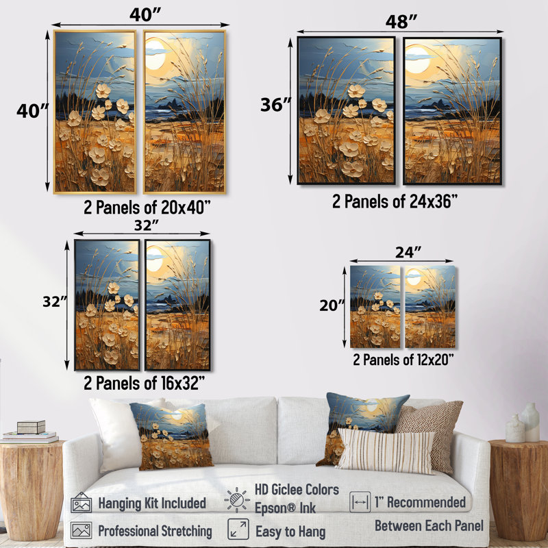 «Yellow Blue Prairies Whispers Patchwork I», impressions d'art traditionnel bleu sur toile, H 36 po x l 48 po, Toile tendue