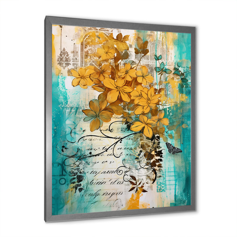 Fleurs jaunes sur turquoise, H 20 po x l 12 po x P 1 po, Cadre photo argenté