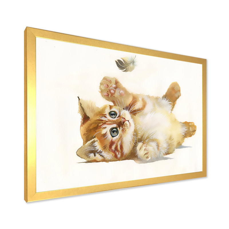 «Little Orange Chaton with Feather», reproduction sur toile, H 34 po x l 44 po, Cadre photo doré