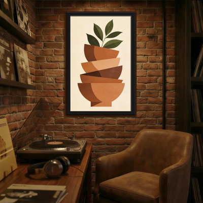 Abstract Stacked Bowls With Green Leaves Pattern