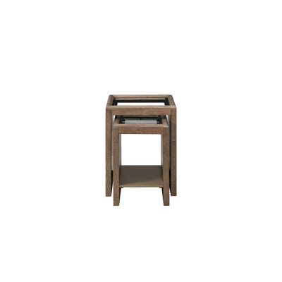 Tables gigognes en verre avec disposition d'espace, finition en bois patiné pour améliorer l'esthétique, nettoyage en douceur trempé, présentoir de décoration de la tablette inférieure, polyvalent dans les espaces restreints, 16 pouces de large, 20,5 de haut,