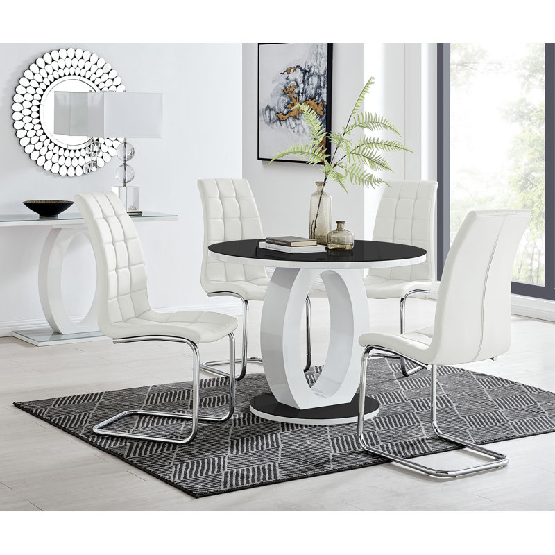 Scottsmoor Modern Halo Seat Round Dining Table Set - 4 Upholstered Faux Leather Dining Chairs, 75Cm H x 100Cm W x 100 Cm D