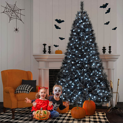 Arbre d'Halloween 8 pi avec 860 pointes de branches, aiguilles de pin givrées et 450 lumières DEL blanches