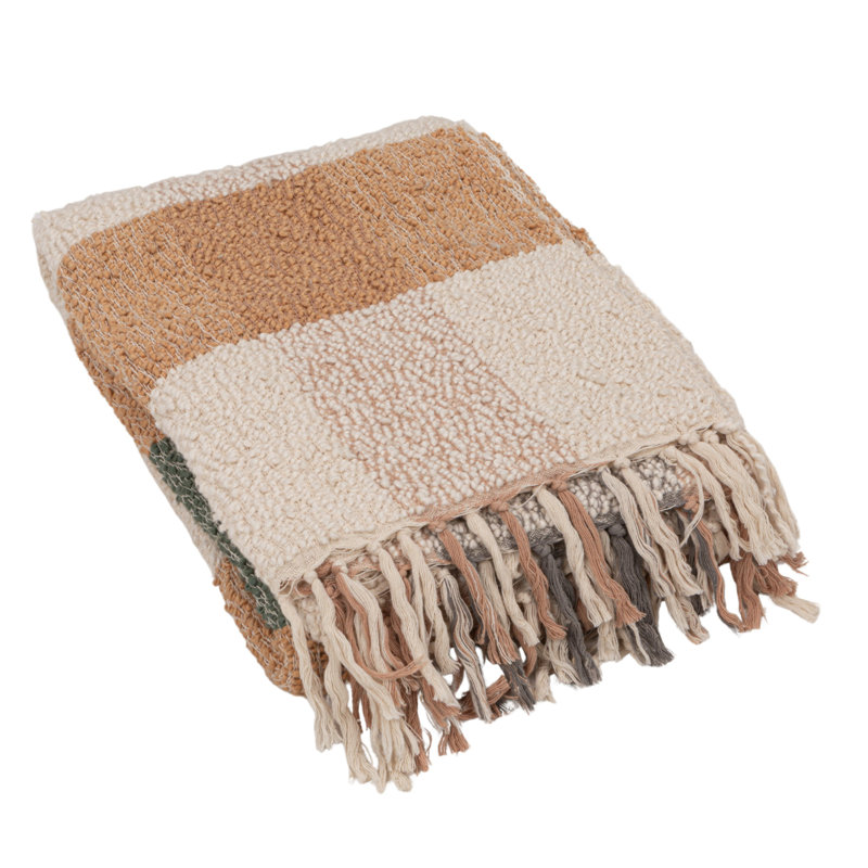 Hand-Woven Cotton Throw with Plaid Pattern and Fringe