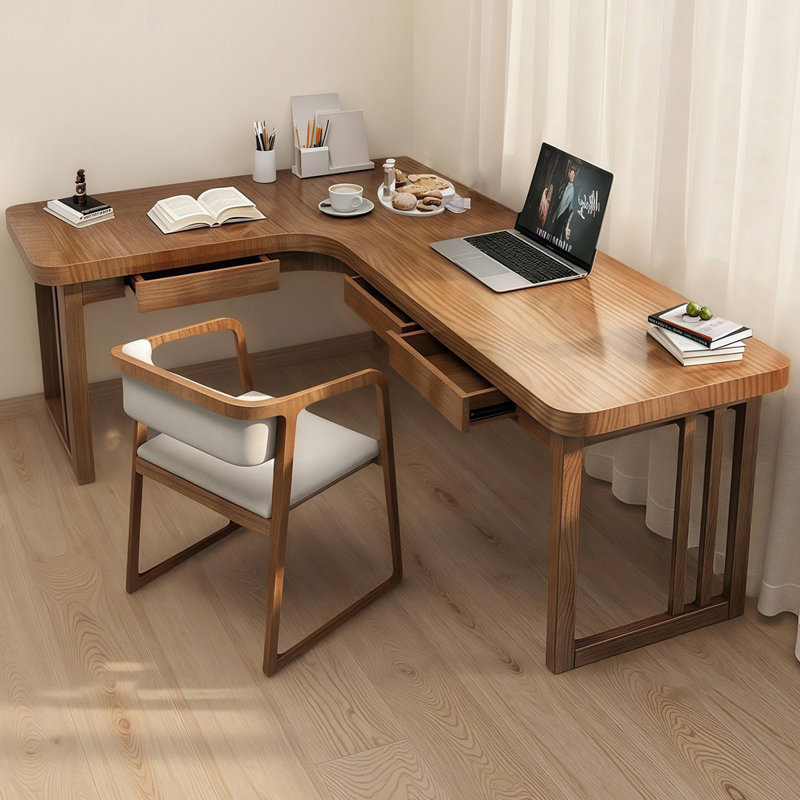 Bureau en bois massif en forme de L brun noyer avec 3 tiroirs, H 29,53 po x l 62,99 po x P 47,24 po, Retour à gauche