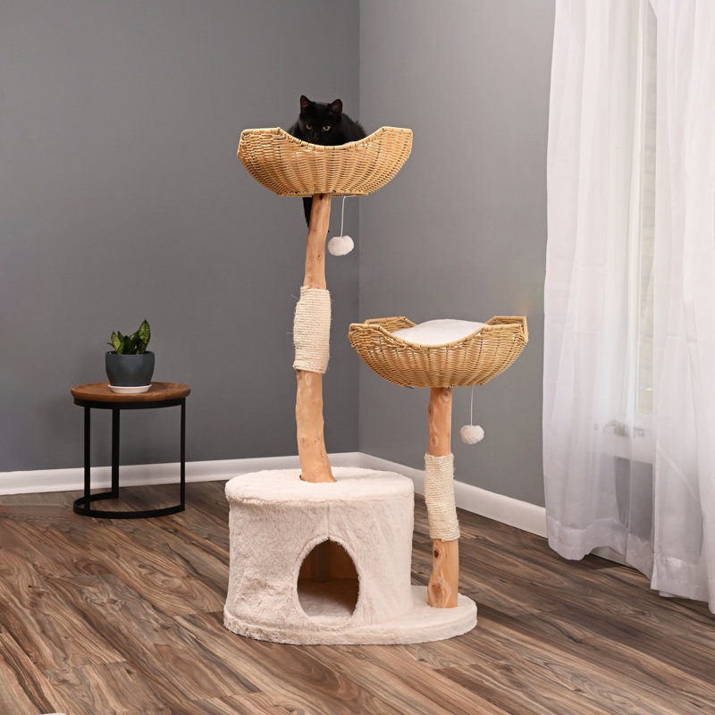 Natural Wood and Sisal Freestanding Cat Tree with Plush Condo