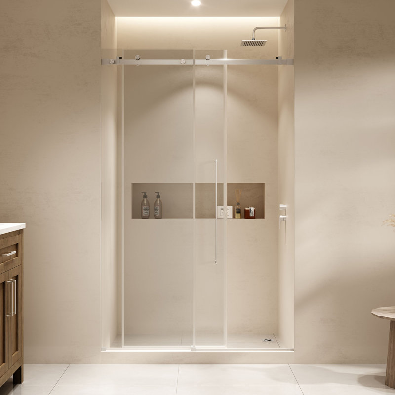 Ove Decors Selby 48 In. W X 74 In. H Frameless Sliding Clear Straight Alcove Shower Door, Satin Nickel